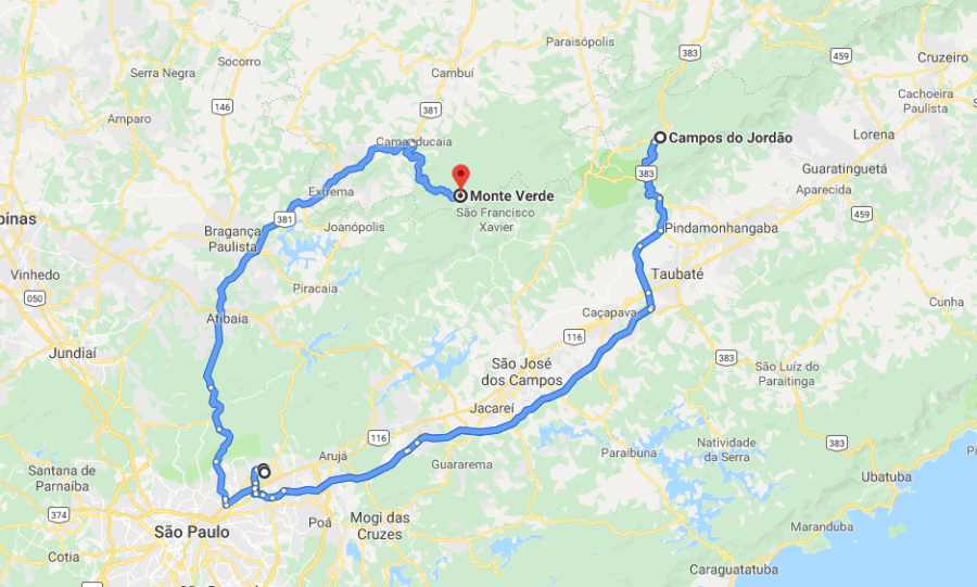 Mapa da região de Minas Gerais  onde está Monte Verde