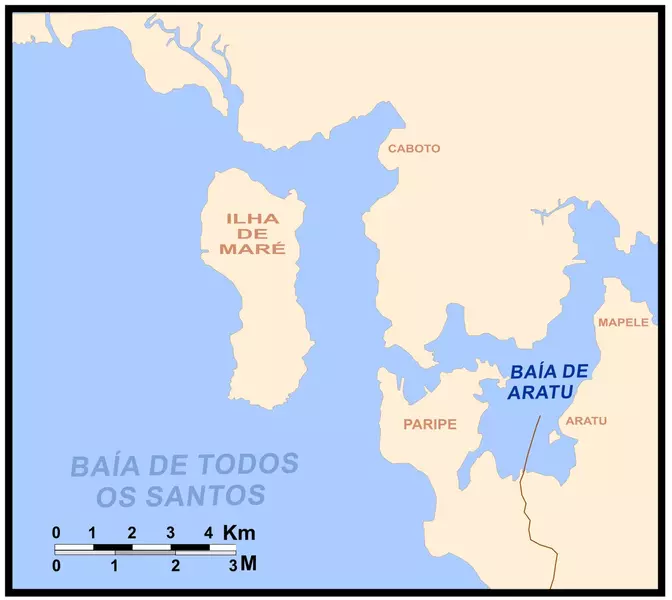 Ilustração de mapa com escala da baia de todos os santos e praia das neves bahia