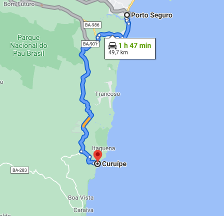 Imagem de um mapa gerado pelo Google Maps do trajeto de Porto Seguro, passando por Trancoso praia do Espelho